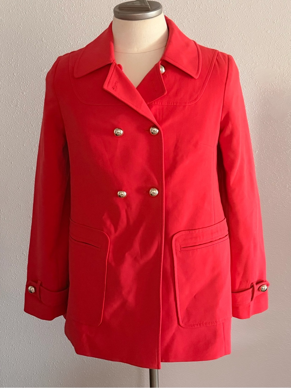 Express Red Double-Breasted Pea Coat with Gold Buttons Size Medium